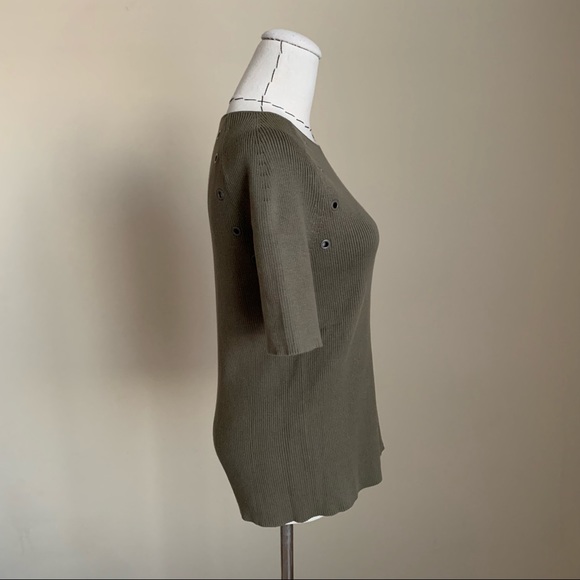 AKRIS Punto Olive Ribbed Cotton Knit Short Sleeve Tee Grommets - Picture 4 of 10